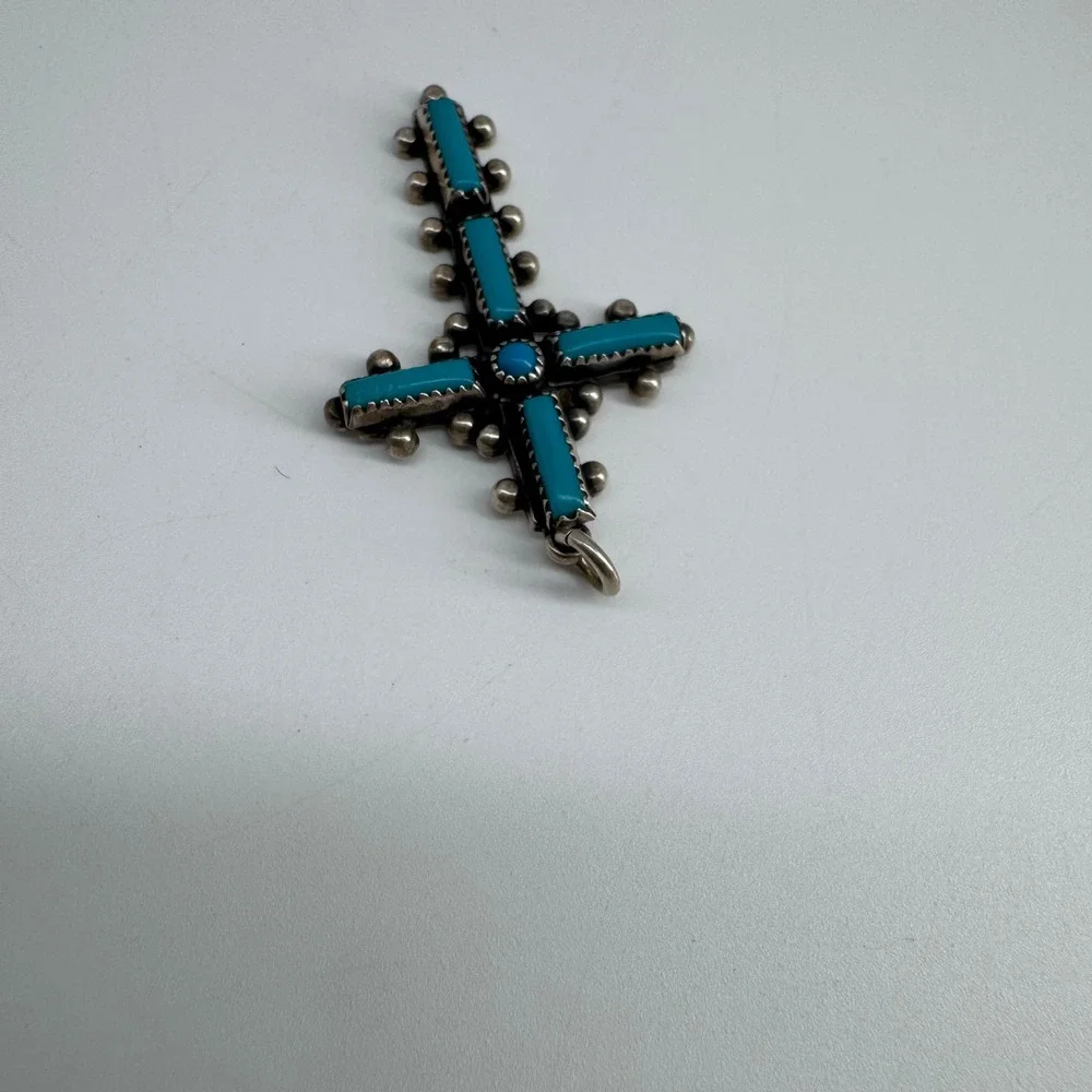 Vintage Navajo Sterling Silver Turquoise Cross Pendant - Signed Tom Bahe